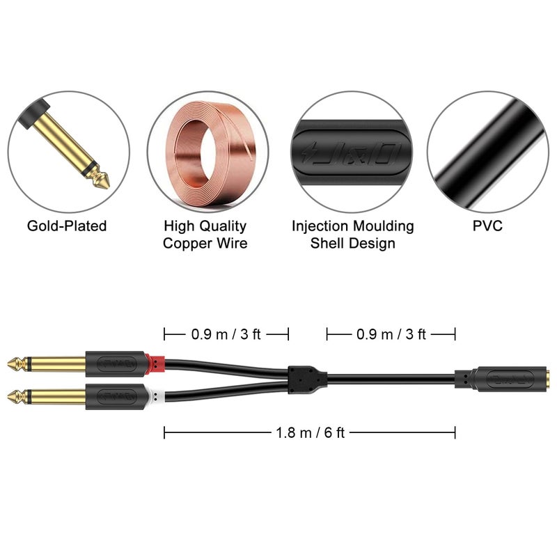 J&D 3.5mm to Dual 1/4 TS Stereo Breakout Cable, Gold Plated Audiowave Series 3.5mm 1/8 inch TRS Female to 2X 6.35mm 1/4 inch TS Male Mono Audio Cable Splitter for Spekers, Amplifiers, Mixs, 6 Feet - Image 3